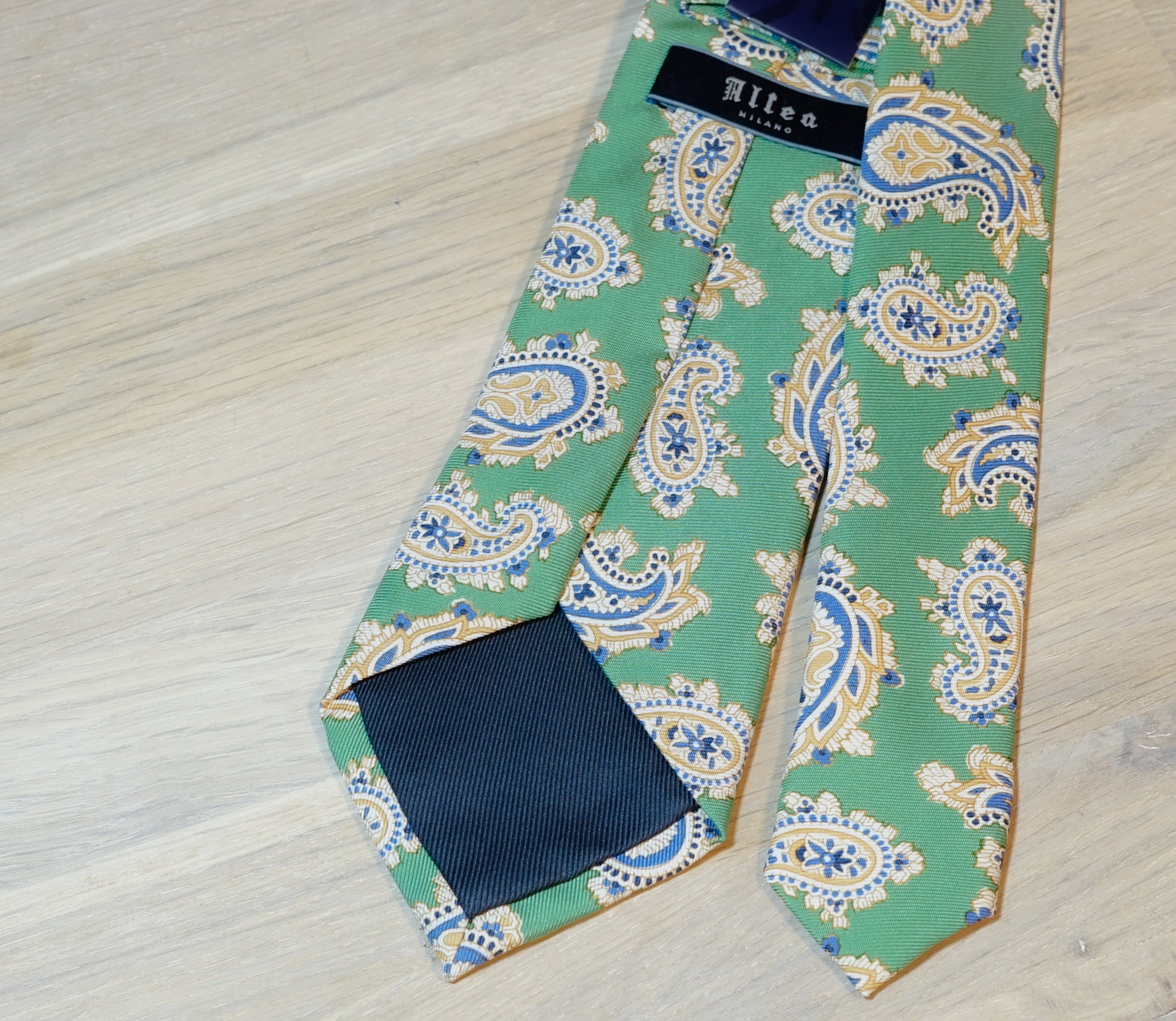 Altea-Light-green-beige-blue-paisley-silk-tie-back