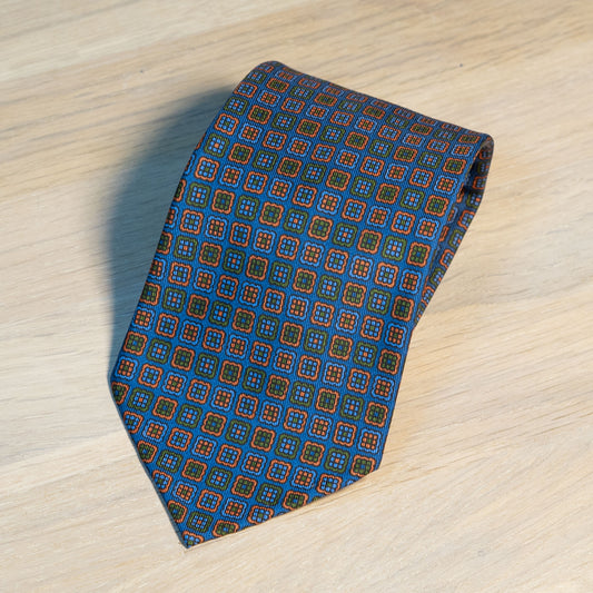 Blue/Orange Medallion Madder Silk Tie Untipped