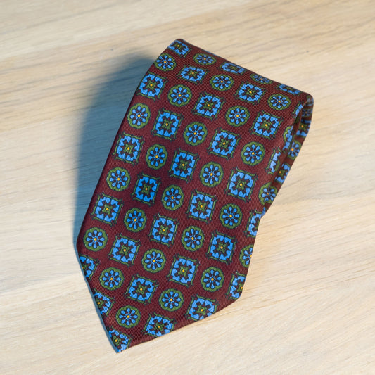 Wine Red/blue Medallion Madder Silk Tie Untipped